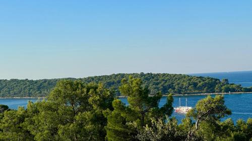a view of a lake with a boat in the water at Luxury Mobile Home Oleander in Mali Lošinj