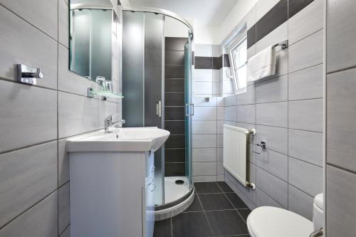 a bathroom with a sink and a toilet at Penzion Vila Tereza in Hranice