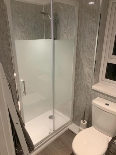 a bathroom with a glass shower with a toilet at Studio garage conversion in Matson
