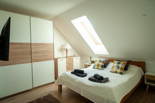 a bedroom with a bed with a skylight at Ciao Lilla Apartman in Keszthely
