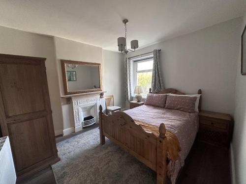 1 dormitorio con cama, chimenea y espejo en Adanhouse-stockland spacious 5 bedroom house sleeps 12 private garden, en Cardiff