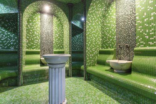 a green bathroom with a sink and a toilet at Hotel Sirius Spa & Wellness in Strumica