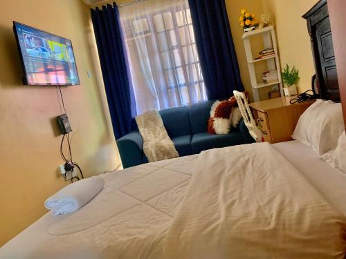 a bedroom with a bed and a couch and a television at Comfort Studio in Nairobi