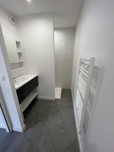 une salle de bain blanche avec un lavabo et un miroir dans l'établissement Appartement neuf avec patio, à Saint-Laurent-sur-Sèvre