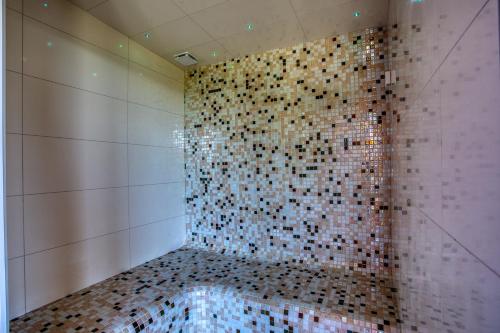 a bathroom with a shower with a tile wall at Rêverie en Périgord du Domaine des Hauts de Rouquette in Eymet