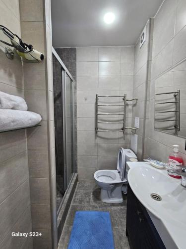 uma casa de banho com um WC e um lavatório em Молодёжный 12эт em Almaty