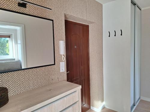 a bathroom with a large mirror and a wooden door at Apartament Kamienny Potok Sopot in Sopot
