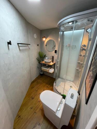 a bathroom with a toilet and a shower at GOAT LODGE Domo Pitanga in Ibiúna