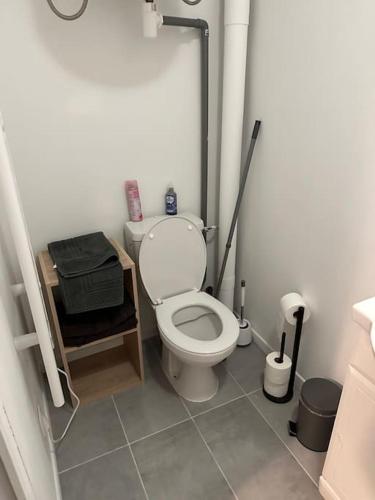 La salle de bains est pourvue de toilettes blanches. dans l'établissement F2 à 500 m centre ville et gare - 1er étage, à Soissons
