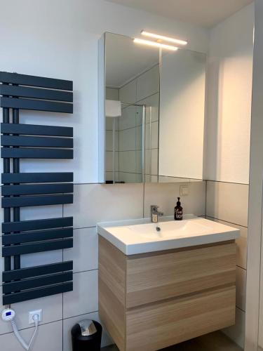 een badkamer met een wastafel en een spiegel bij Ferienwohnung Elzblick in Rust