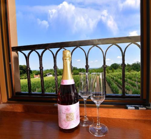 a bottle of champagne and two wine glasses on a table at Apartmani Lucija in Ludbreg