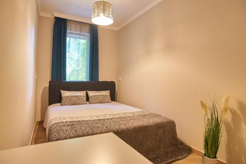 um quarto com uma cama e uma janela em Sunlight Silver Plus Szeged - Exclusive em Szeged