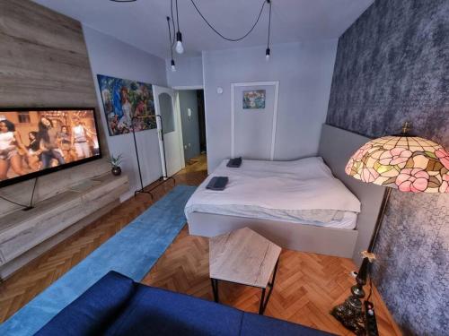 a small room with a bed and a tv at Apartment Vuksa in Novi Sad