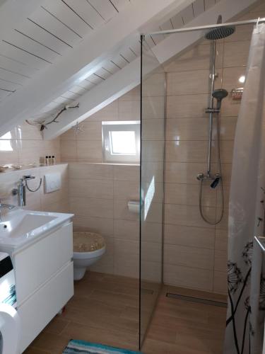 木洛希尼Villa Sommerzauber的带淋浴、水槽和马桶的浴室