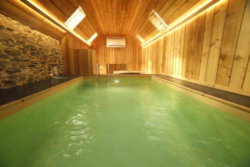 - une grande piscine d'eau verte dans une pièce en bois dans l'établissement Villa 7pers piscine-spa plage 4kms, à Peumérit