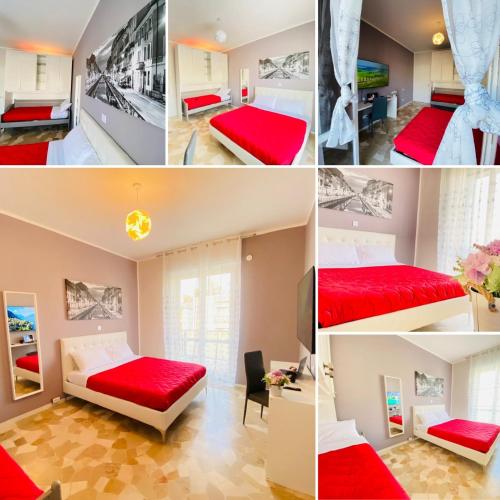 a collage of photos of a hotel room with red beds at Milano Relax Room in Brugherio