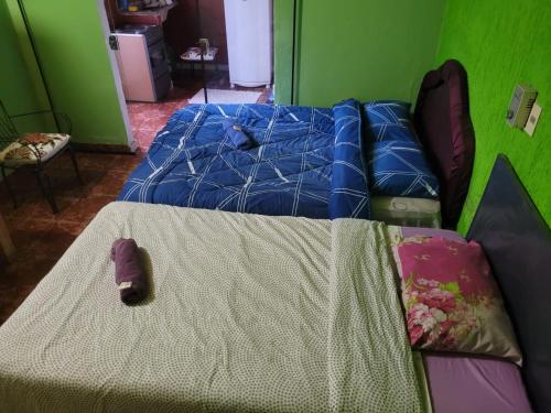 1 cama con edredón azul en una habitación en Apartamento Monoambiente a 15 min del Aeropuerto zona Shopping Mariano, en Colonia Mariano Roque Alonso