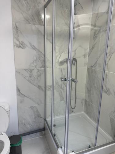 a shower with a glass door in a bathroom at Vikings Grigo Apartaments in Cluj-Napoca