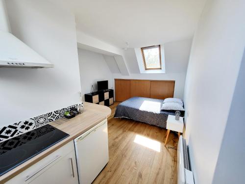 - une petite cuisine avec un lit dans une chambre dans l'établissement Châteaubourg : Studio avec cuisine et salle d'eau, à Châteaubourg