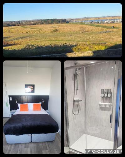 twee foto's van een slaapkamer met een douche en een bed bij The Dock Hotel in Amble