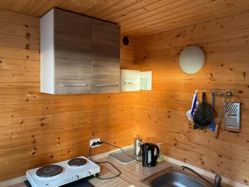uma cozinha com um lavatório numa parede de madeira em Bungalow WALD & SAND direkt am Strand em Dranske