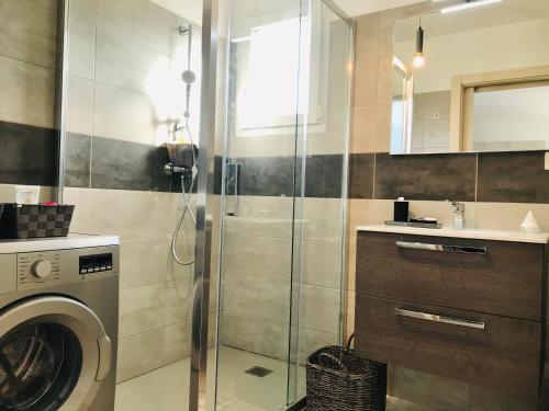 une salle de bain avec douche et machine à laver dans l'établissement Appartement Résidence Coté Mer Calvi, à Calvi