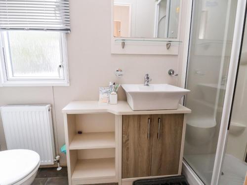 a bathroom with a sink and a shower at 13 Harlech Court in Prestatyn