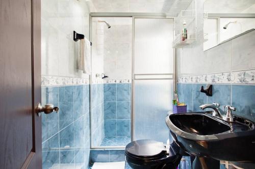 een badkamer met een wastafel, een toilet en een douche bij Casa con huerto orgánico. in Subachoque