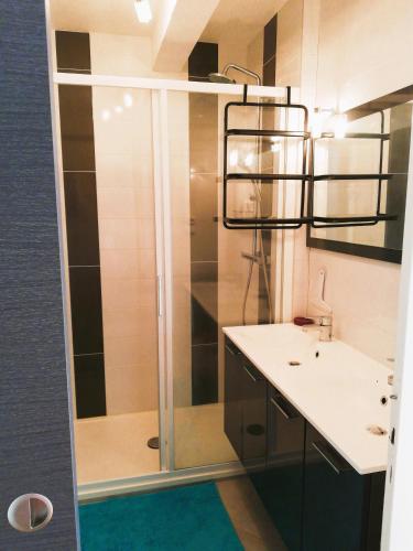 une salle de bain avec douche et lavabo dans l'établissement Appartement de 3 chambres face à la mer, à Saint-Nazaire