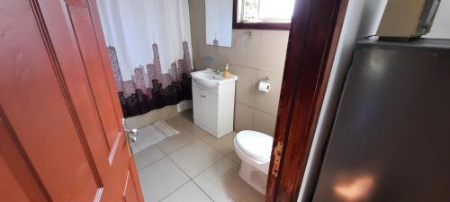 a small bathroom with a toilet and a window at Rústico Punucapa in Valdivia