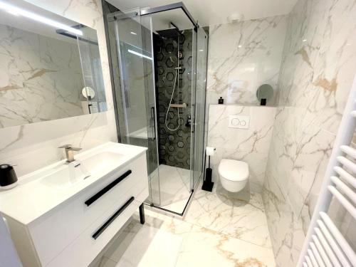 une salle de bain avec une douche, un lavabo et des toilettes dans l'établissement Alba DeLuxe - 3 Bedroom Pointe Croisette, by Welcome to Cannes, à Cannes
