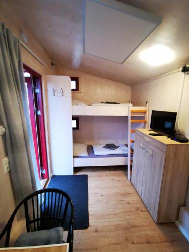 a small room with a desk and a bunk bed at Landhaus Herdt in Lauda-Königshofen