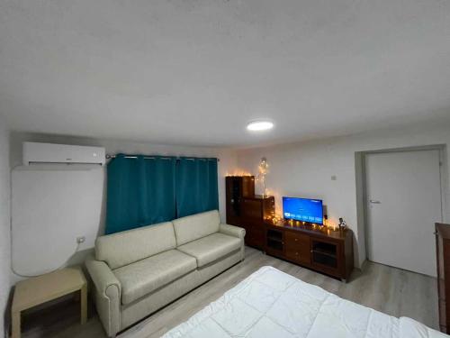 a living room with a couch and a flat screen tv at Apartments Janiki in Kruševo