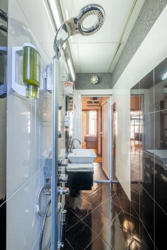 a bathroom with a sink and a shower at Charming 2BDR Apartment in Historic Center With Parking in Sofia