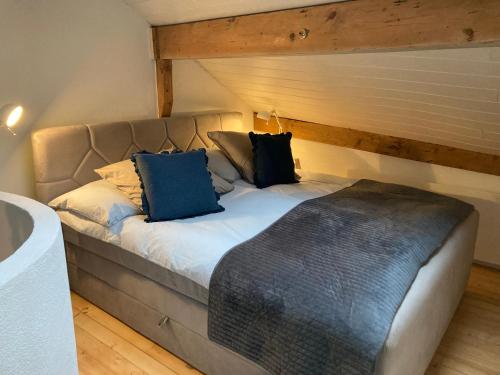 ein Bett mit zwei Kissen auf einem Zimmer in der Unterkunft "La Petite Rochette" in Estavayer-le-Lac