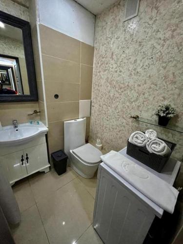 y baño con aseo, lavabo y espejo. en Апартаменты MOON APARTMENTS - ZENKOVA 86, en Almaty