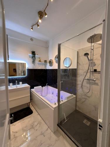 une salle de bain avec une douche, une baignoire et un lavabo dans l'établissement Le Pompon - Centre ville de Dijon, à Dijon