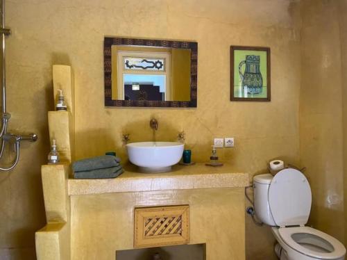 a bathroom with a sink and a toilet and a mirror at Ryad El Borj in Marrakech