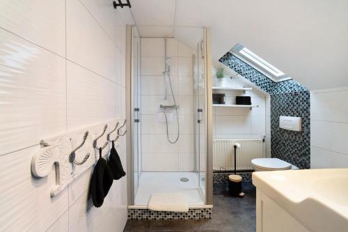 a bathroom with a shower and a toilet at Haus Ruth in Hörden