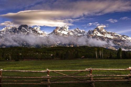 a fence in a field with a snow covered mountain at 5123 Foxtail in Wilson