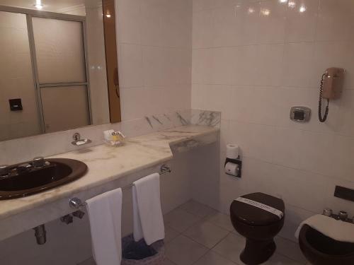 a bathroom with a sink and a toilet and a mirror at Nobile Suites Excelsior Asuncion in Asuncion