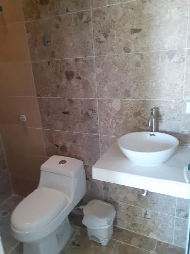 a bathroom with a white toilet and a sink at caribepremiumvalledupar in Valledupar