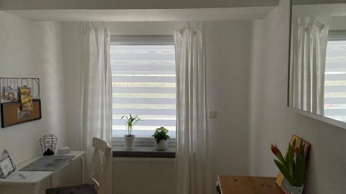 una cocina con una ventana con cortinas blancas y una mesa en Freundliches Apartment Helpup, en Oerlinghausen