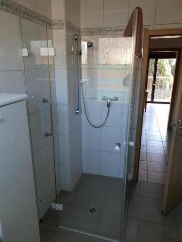 a shower with a glass door in a bathroom at Lea´s Apartment´s in Dortmund