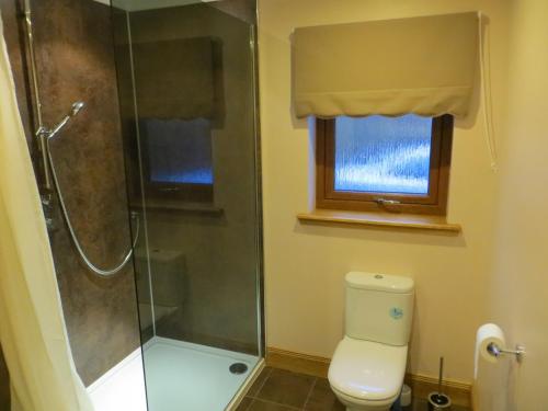 a bathroom with a toilet and a glass shower at Hill Cottage in Kensaleyre