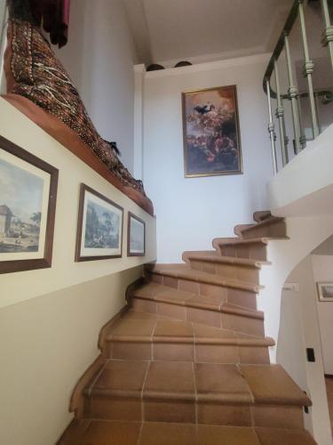 a stairway in a house with a brown carpeted staircase at Palairos historic property in Paleros
