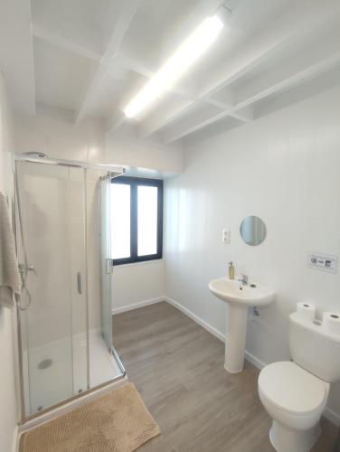 a bathroom with a shower and a toilet and a sink at Fenais da Luz House in Fenais da Luz