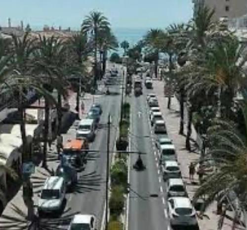 a street with a bunch of parked cars and palm trees at Miami Beach 39 in Benalmádena
