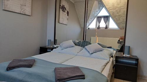 a bedroom with two beds and a window at Kisdiófa Panzió és Vendéglő in Vajdácska