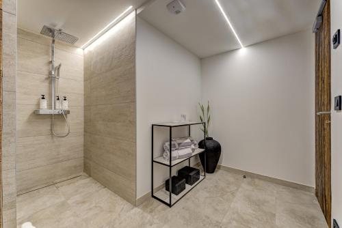 La salle de bains est pourvue d'une douche et d'une étagère noire. dans l'établissement Chalet Silver Forest, à Chamonix-Mont-Blanc